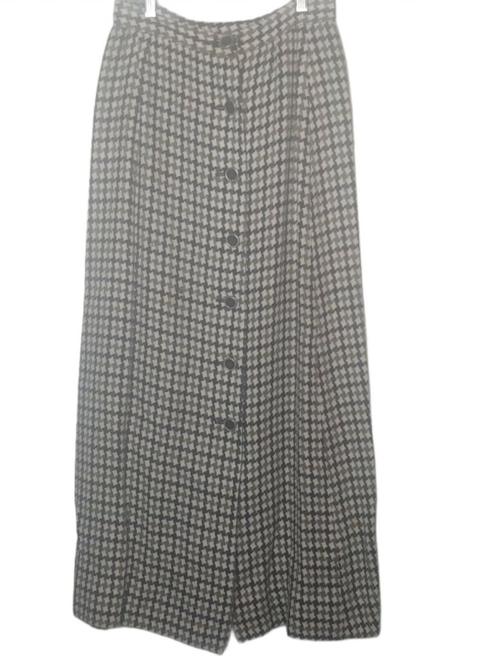 Vintage 1960s Houndstooth Skirt Size 12 Button Front Brown White Long